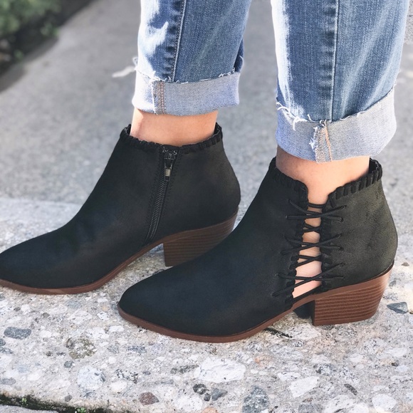 Black Vegan Leather Criss Cross Bootie - Picture 2 of 4